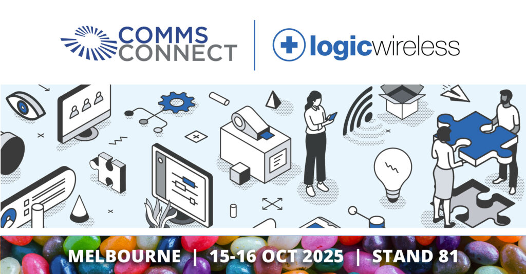 Comms Connect graphics on the Logic booth with logos to highlight the event and our booth details.